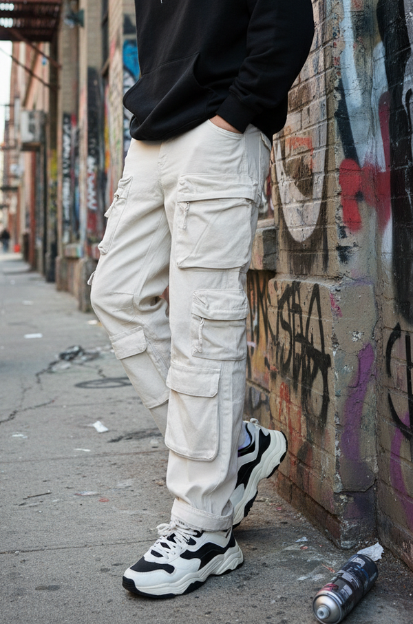 Jeans Cargo Beige — Baggy con Tasconi