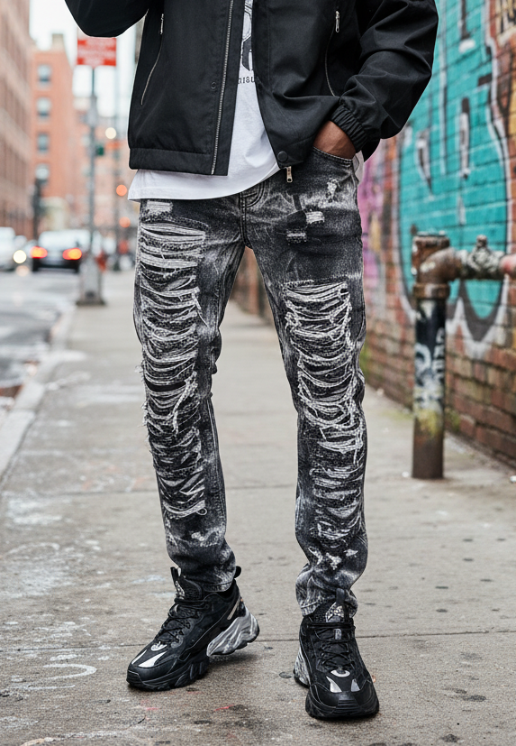 Jeans Nero Ripped — Straight con Sfumature