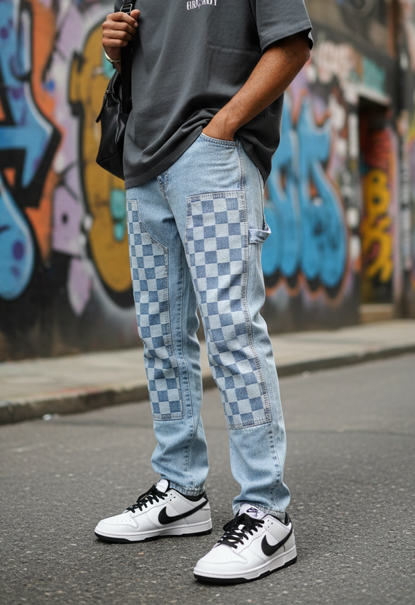 Jeans Baggy Carpenter Azzurro — Patch a Scacchi