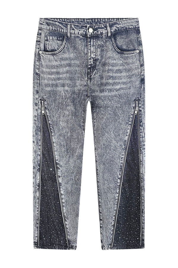 Jeans Flare Diamond Grigio Scuro — Strass su Zip