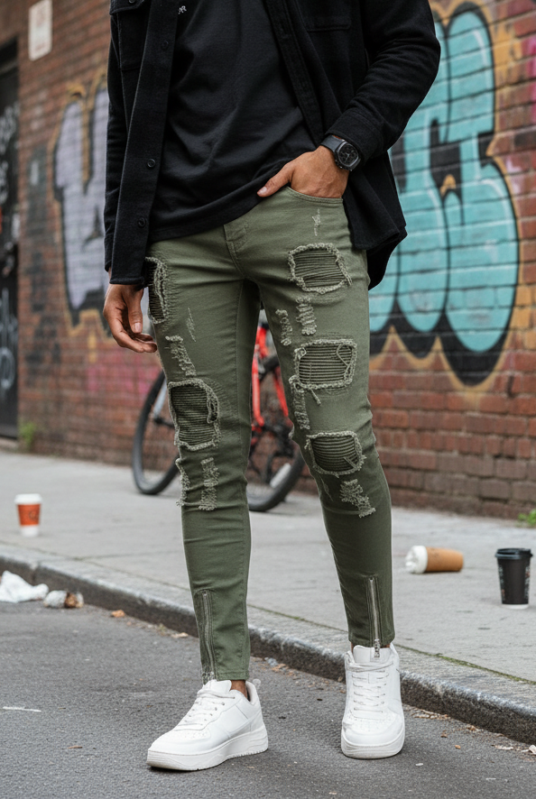 Jeans Bikers Verde Militare — Skinny Fit con Zip