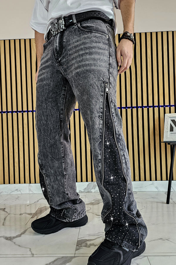Jeans Flare Diamond Grigio Scuro — Strass su Zip