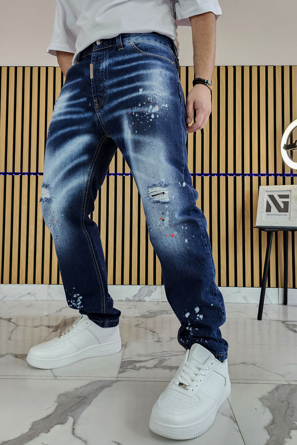 Jeans Regular Blu Distressed — Macchie di Pittura