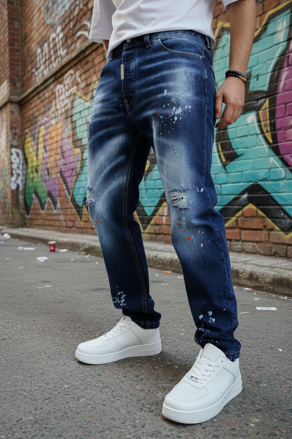 Jeans Regular Blu Distressed — Macchie di Pittura