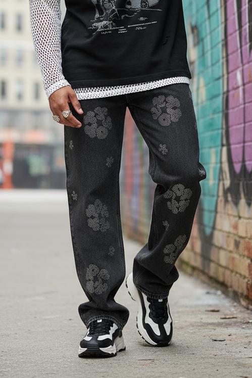 Jeans Baggy Flowers Strass