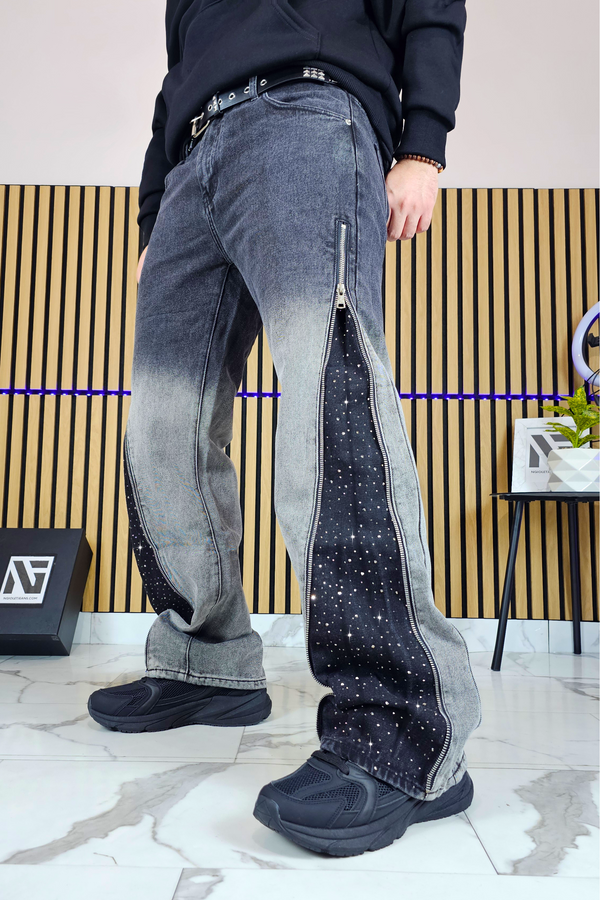 Jeans Flare Diamond Grigio Scuro — Strass su Zip