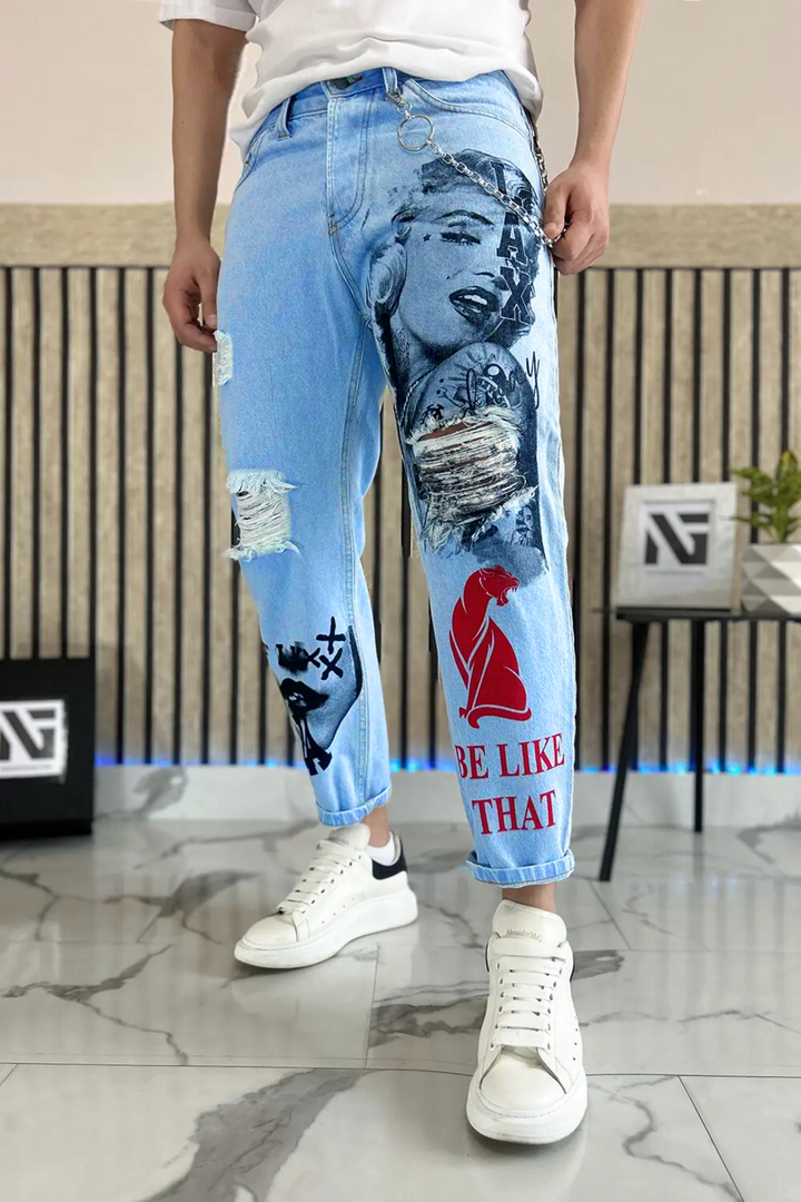 Pantaloni Larghi Jeans Con Disegni Uomo Jeans Strappati Uomini